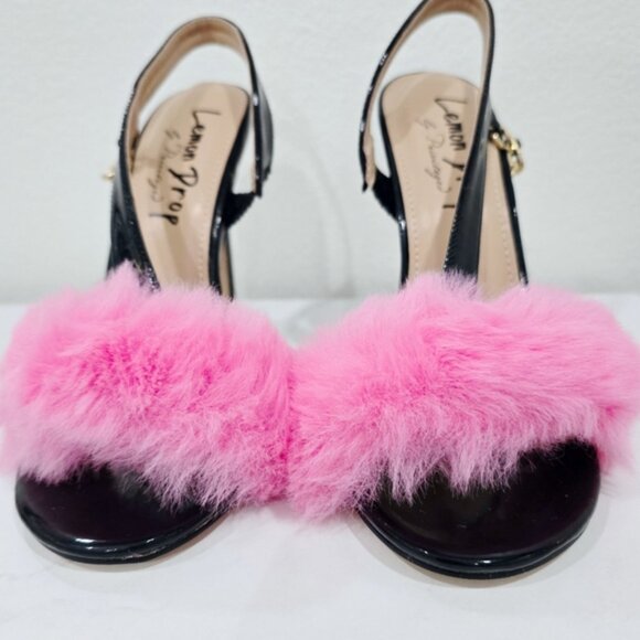 Lemon Drop ✦ Lerpa Fuzzy Heels ✦ Black Vegan Leather Pink Fur Peep Toe Stiletto - Picture 5 of 9